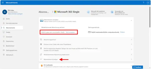 Schluss mit dem Abo: So einfach lässt sich Microsoft 365 kündigen. Screenshot der Microsoft-Konto-Verwaltung zum Kündigen des Microsoft 365 Single Abos.