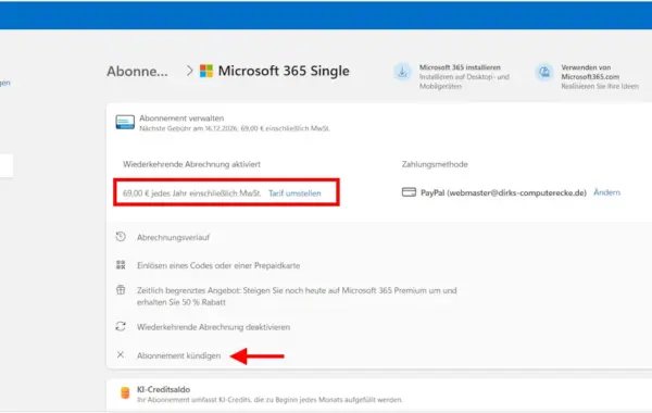 Screenshot der Microsoft-Konto-Verwaltung zum Kündigen des Microsoft 365 Single Abos.