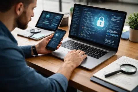 Mobile App Pentest: Sicherheitsprüfung einer App auf Smartphone und Laptop