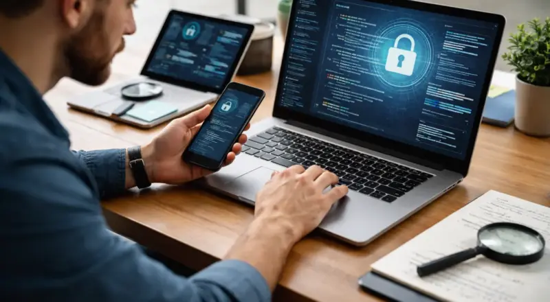 Mobile App Pentest: Sicherheitsprüfung einer App auf Smartphone und Laptop