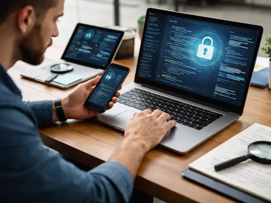 Mobile App Pentest: Sicherheitsprüfung einer App auf Smartphone und Laptop