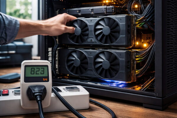 Technische Hürden bei Multi-GPU: Stromverbrauch, Hitze und Hardware-Aufwand Multi-GPU-System mit zwei Grafikkarten zeigt hohen Stromverbrauch und Hitzeentwicklung