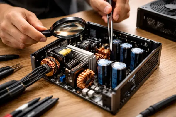 Hochwertige Kondensatoren und Spulen im Inneren eines PC-Netzteils