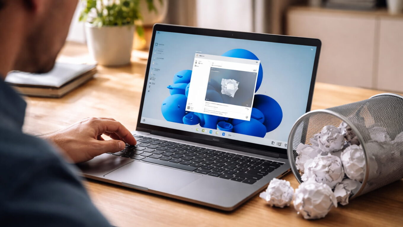 Dateien sicher löschen unter Windows 11: Papierkorb mit scheinbar gelöschten Dateien auf einem Laptop