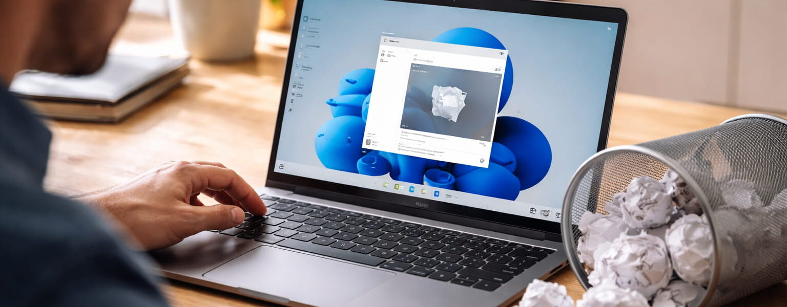 Dateien sicher löschen unter Windows 11: Papierkorb mit scheinbar gelöschten Dateien auf einem Laptop