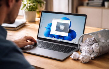 Dateien sicher löschen unter Windows 11: Papierkorb mit scheinbar gelöschten Dateien auf einem Laptop