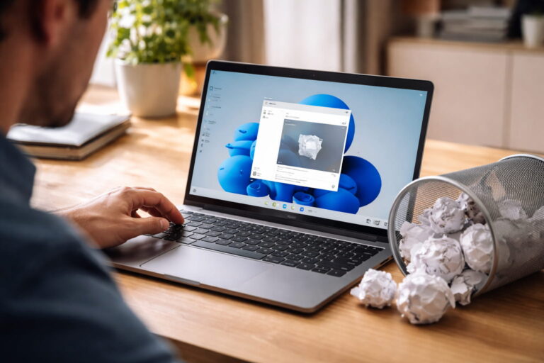 Dateien sicher löschen unter Windows 11: Papierkorb mit scheinbar gelöschten Dateien auf einem Laptop
