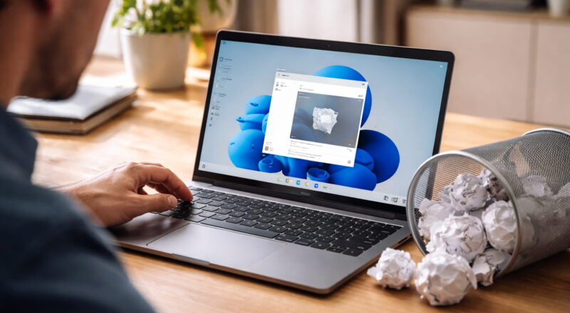 Dateien sicher löschen unter Windows 11: Papierkorb mit scheinbar gelöschten Dateien auf einem Laptop