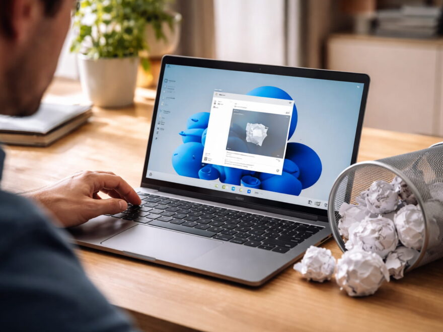 Dateien sicher löschen unter Windows 11: Papierkorb mit scheinbar gelöschten Dateien auf einem Laptop