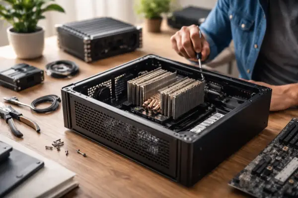 Passiver CPU-Kühler in einem lüfterlosen PC-Gehäuse im Homeoffice