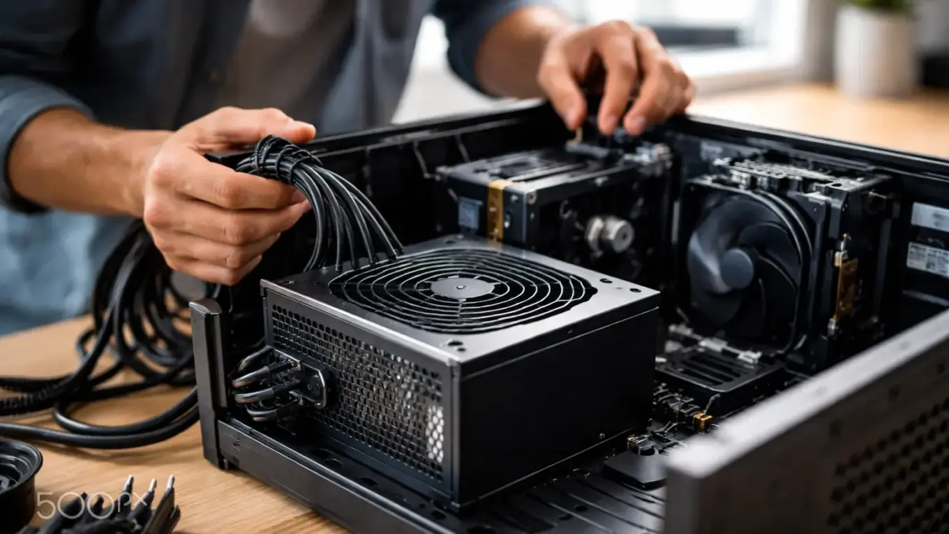 Hochwertiges PC-Netzteil beim Einbau in ein Desktop-Gehäuse