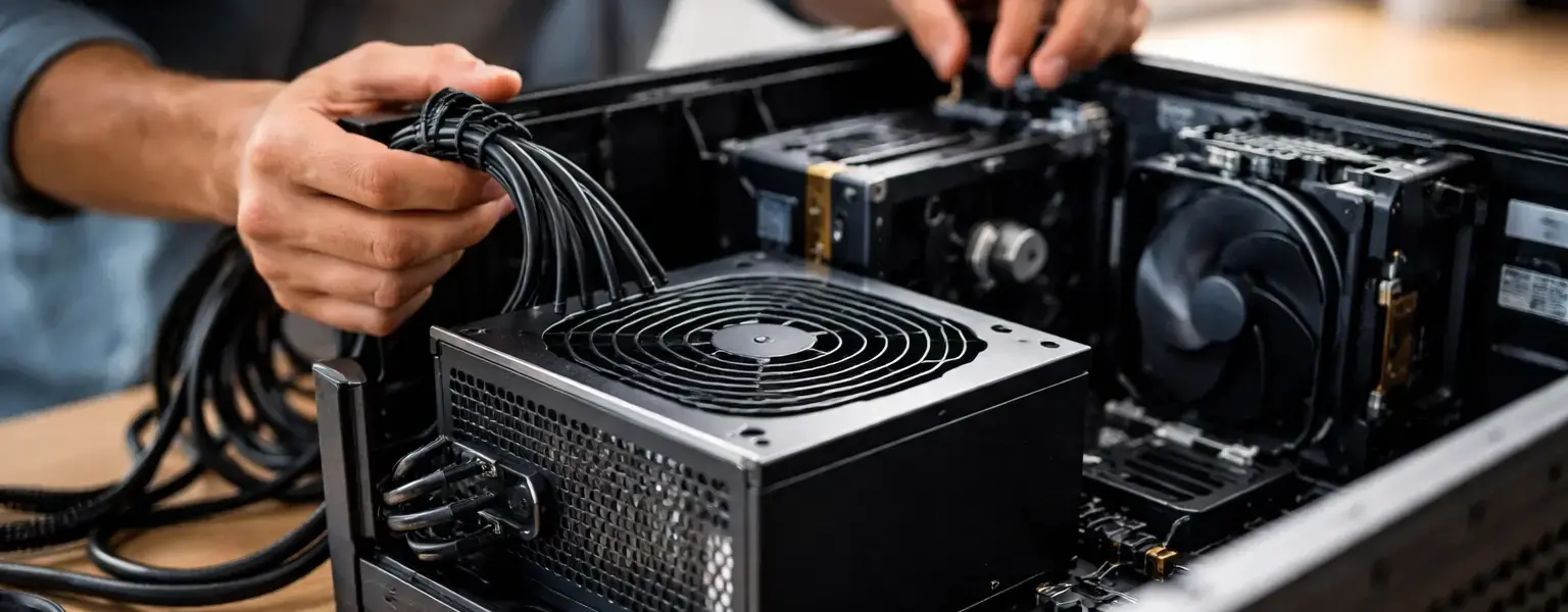 Hochwertiges PC-Netzteil beim Einbau in ein Desktop-Gehäuse