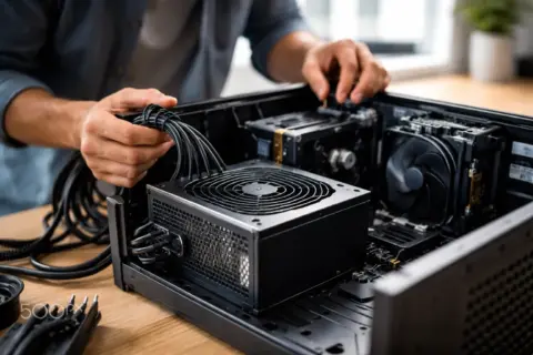 Hochwertiges PC-Netzteil beim Einbau in ein Desktop-Gehäuse