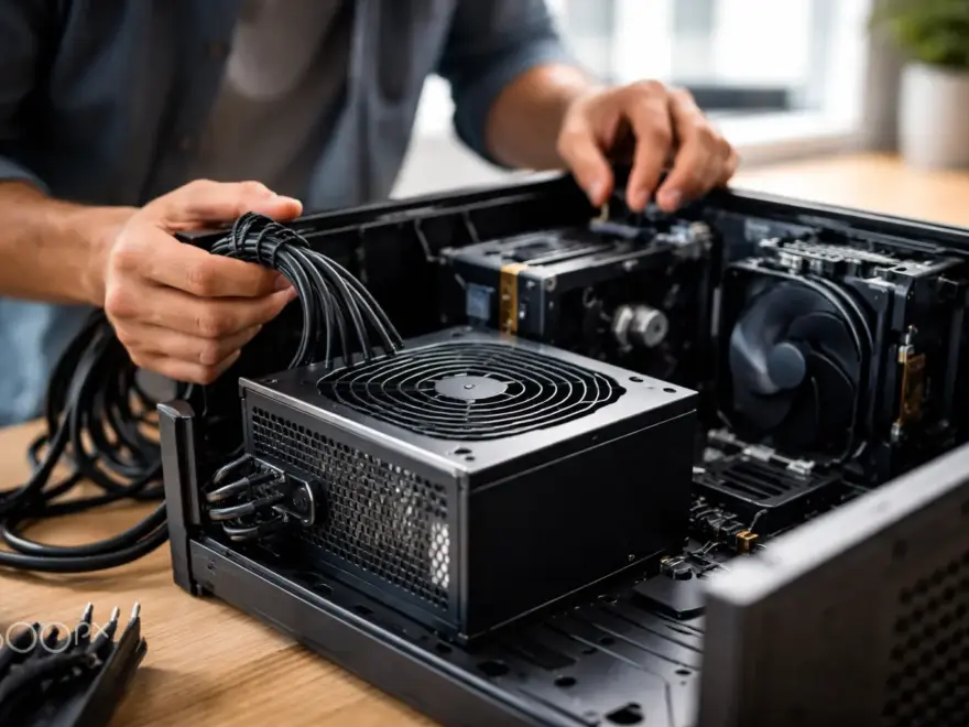 Hochwertiges PC-Netzteil beim Einbau in ein Desktop-Gehäuse