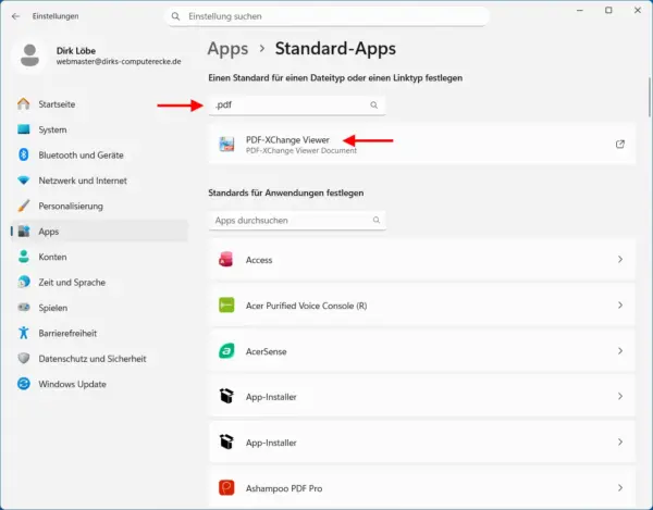 Standard-App für .pdf in Windows 11 anpassen. In den Windows-Einstellungen festlegen, dass PDF-Dateien nicht im Microsoft Edge öffnen, sondern mit einem anderen Viewer.