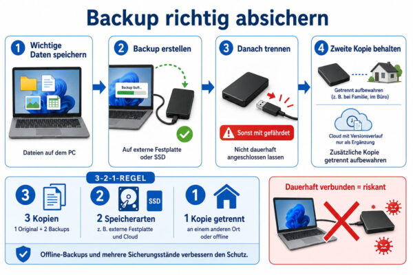 Backups vor Ransomware richtig absichern Erklärgrafik: Backups vor Ransomware schützen mit externer Sicherung und 3-2-1-Regel