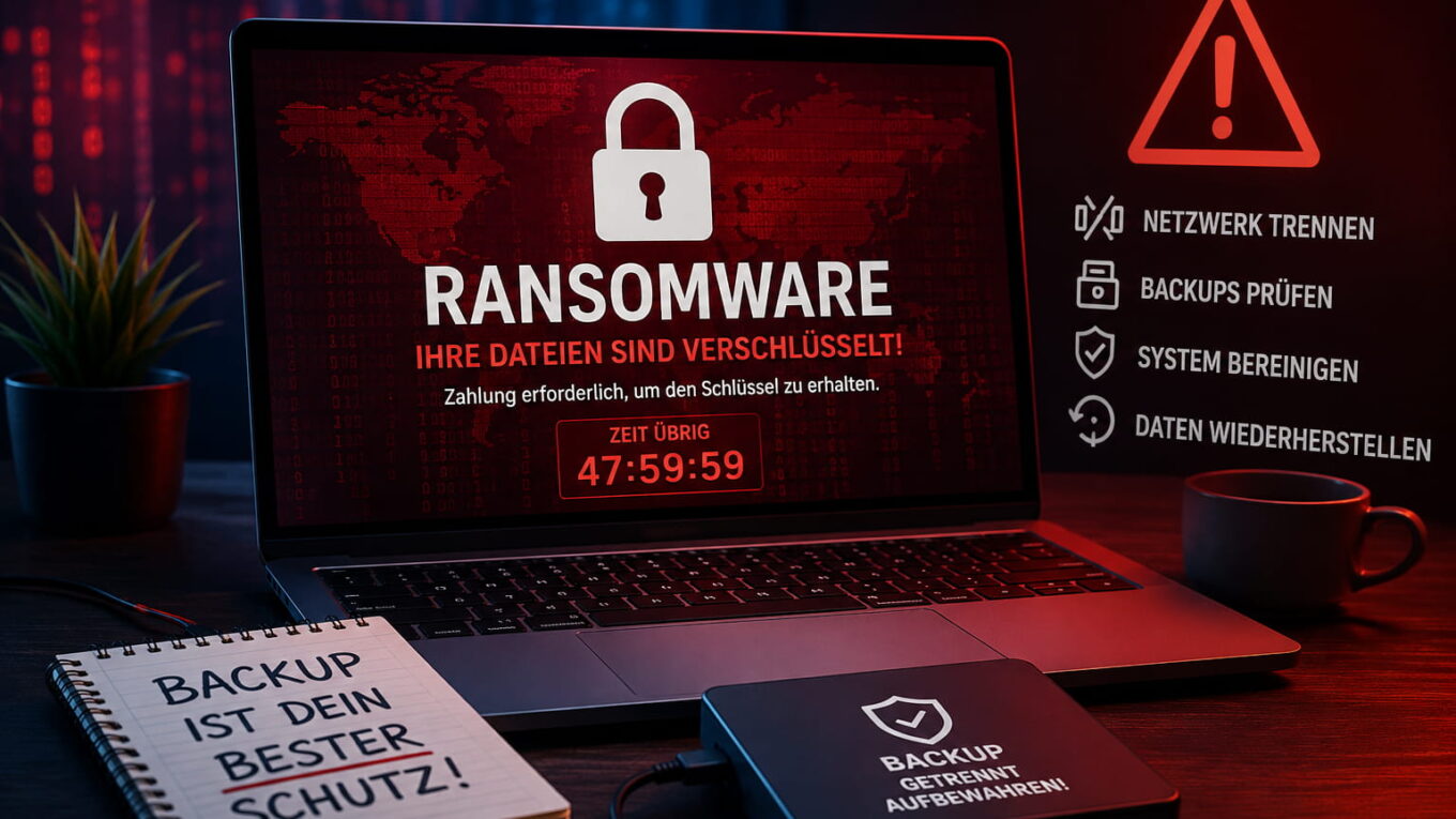 Ransomware-Angriff auf Windows-PC mit verschlüsselten Dateien und Backup