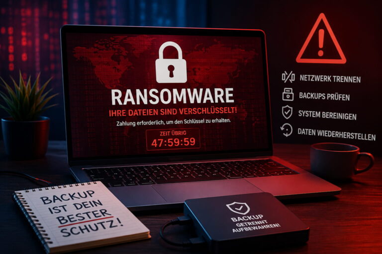 Ransomware-Angriff auf Windows-PC mit verschlüsselten Dateien und Backup