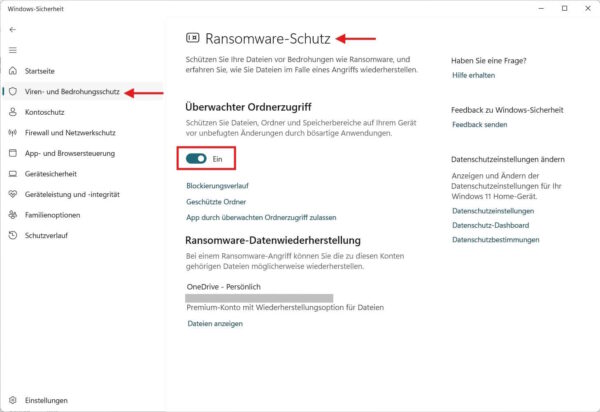 Überwachten Ordnerzugriff in Windows 11 aktivieren Überwachter Ordnerzugriff im Ransomware-Schutz von Windows 11