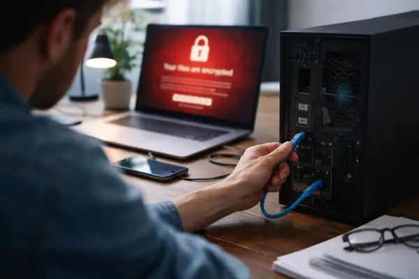 PC wird nach einem Ransomware-Angriff vom Netzwerk getrennt, um weitere Schäden zu verhindern