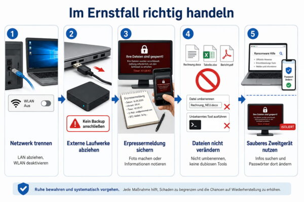 Sofortmaßnahmen bei einem Ransomware-Angriff Ransomware Sofortmaßnahmen: Netzwerk trennen, Laufwerke abziehen und Daten schützen