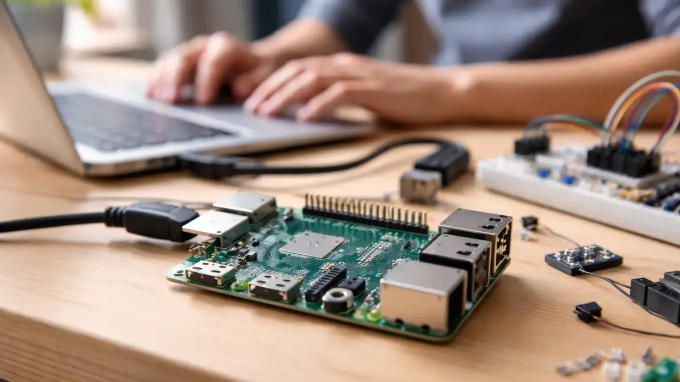 Raspberry Pi als kompakter Einplatinencomputer auf einem Schreibtisch