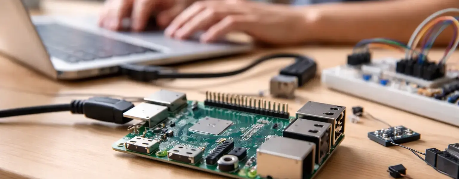 Raspberry Pi als kompakter Einplatinencomputer auf einem Schreibtisch