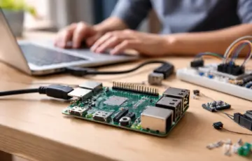 Raspberry Pi als kompakter Einplatinencomputer auf einem Schreibtisch