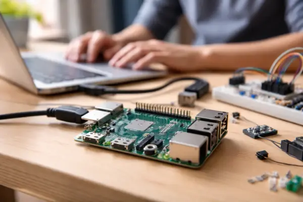 Raspberry Pi als kompakter Einplatinencomputer auf einem Schreibtisch