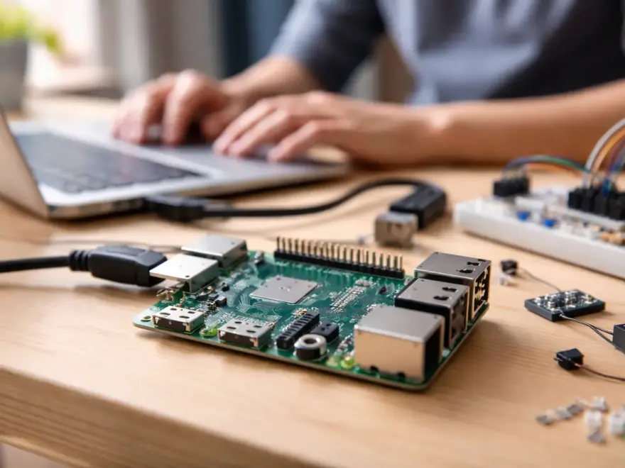 Raspberry Pi als kompakter Einplatinencomputer auf einem Schreibtisch