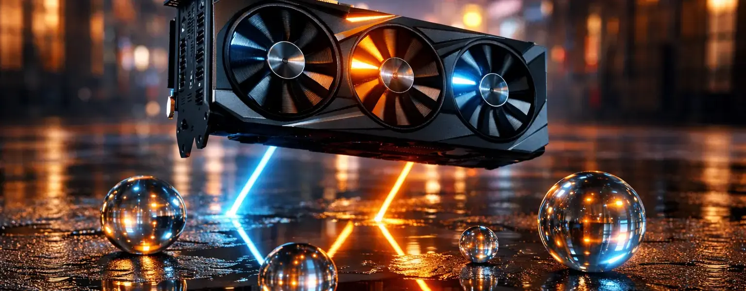 Visualisierung der Raytracing-Technik 2026 mit Lichtstrahlen und Reflexionen einer Grafikkarte