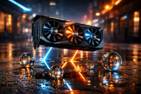 Visualisierung der Raytracing-Technik 2026 mit Lichtstrahlen und Reflexionen einer Grafikkarte