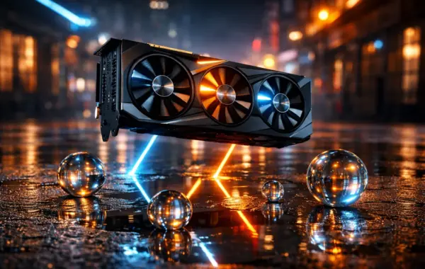 Visualisierung der Raytracing-Technik 2026 mit Lichtstrahlen und Reflexionen einer Grafikkarte