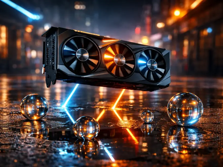 Visualisierung der Raytracing-Technik 2026 mit Lichtstrahlen und Reflexionen einer Grafikkarte