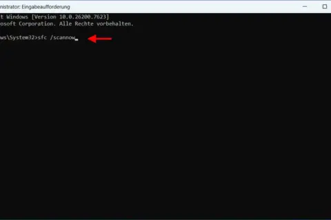 Eingabe des Befehls sfc /scannow in der Windows Eingabeaufforderung zur Systemreparatur.