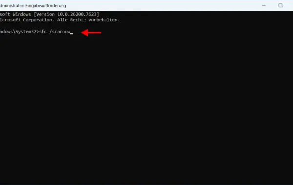 Eingabe des Befehls sfc /scannow in der Windows Eingabeaufforderung zur Systemreparatur.