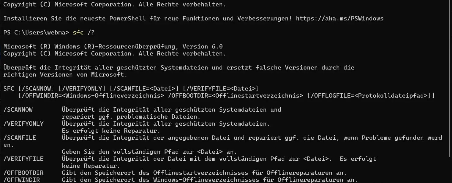 SFC-Befehl in der Eingabeaufforderung als Administrator ausführen zur Systemreparatur.