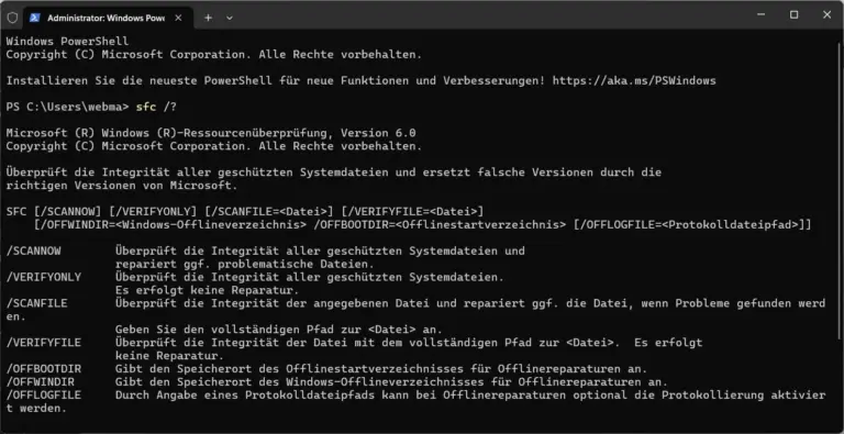 SFC-Befehl in der Eingabeaufforderung als Administrator ausführen zur Systemreparatur.