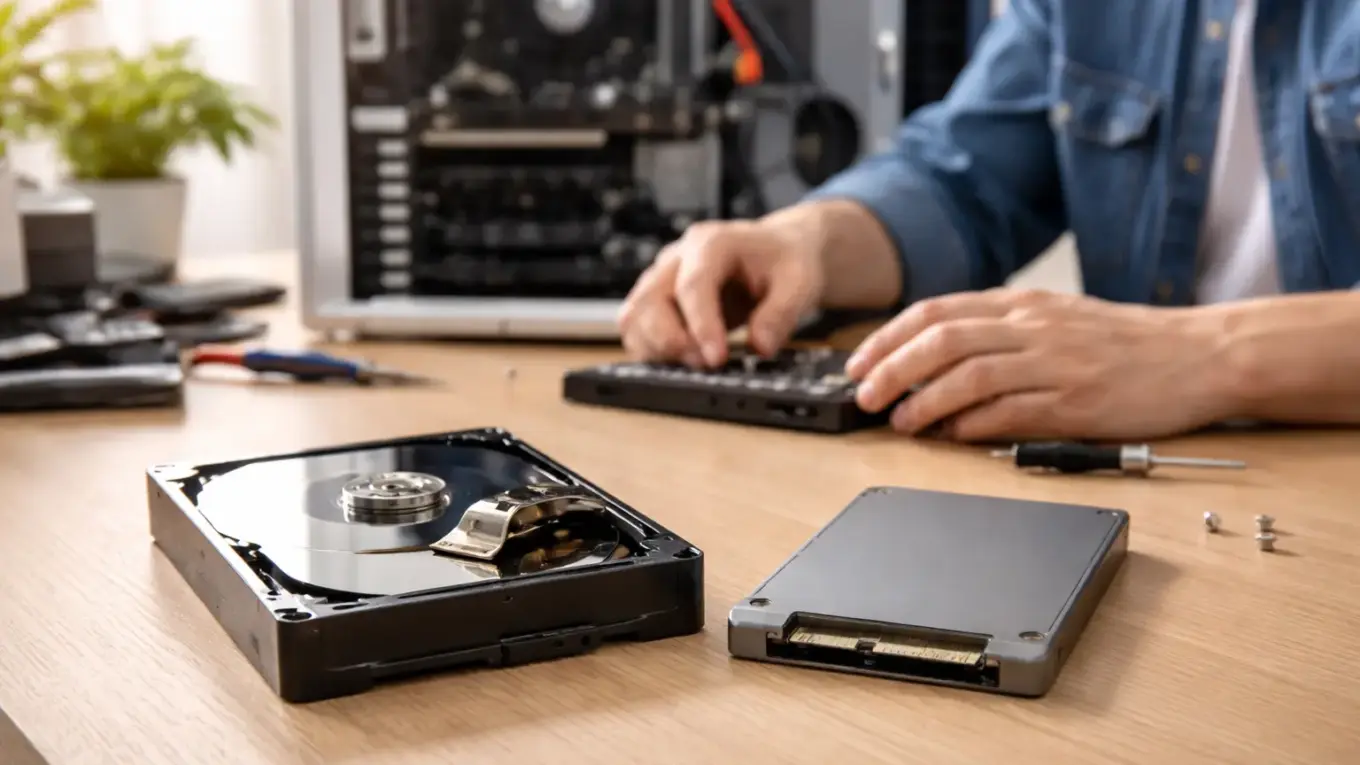 Unterschied zwischen SSD und HDD: Moderne SSD neben geöffneter Festplatte