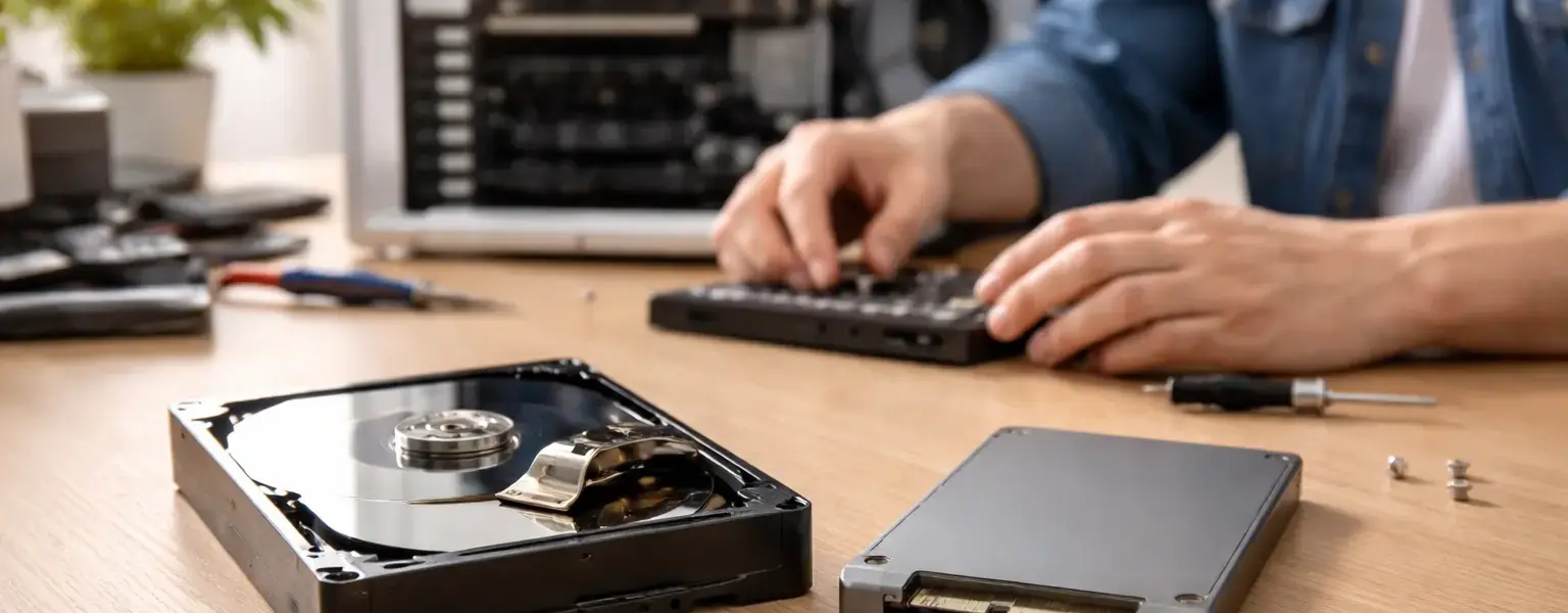Unterschied zwischen SSD und HDD: Moderne SSD neben geöffneter Festplatte