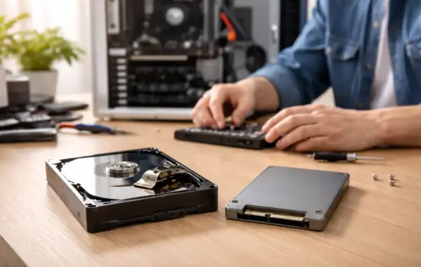 Unterschied zwischen SSD und HDD: Moderne SSD neben geöffneter Festplatte