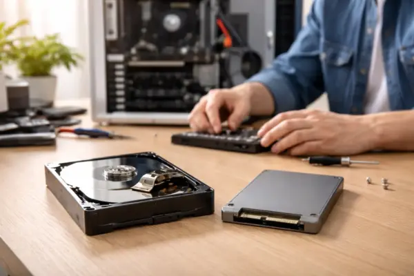 Unterschied zwischen SSD und HDD: Moderne SSD neben geöffneter Festplatte