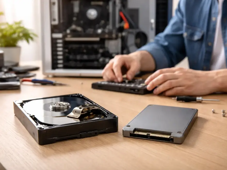 Unterschied zwischen SSD und HDD: Moderne SSD neben geöffneter Festplatte