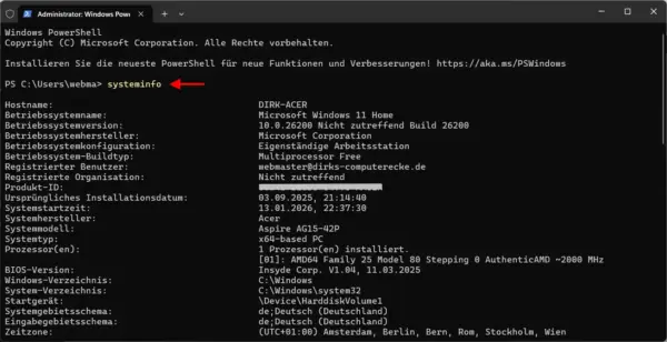 Hardware-Details und Systeminformationen mit dem CMD-Befehl systeminfo auslesen.