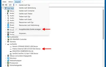 Windows Geräte-Manager zeigt ausgeblendete USB-Geräte zum Löschen des Verlaufs