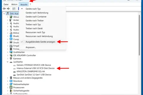 Windows Geräte-Manager zeigt ausgeblendete USB-Geräte zum Löschen des Verlaufs
