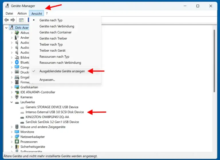 Windows Geräte-Manager zeigt ausgeblendete USB-Geräte zum Löschen des Verlaufs