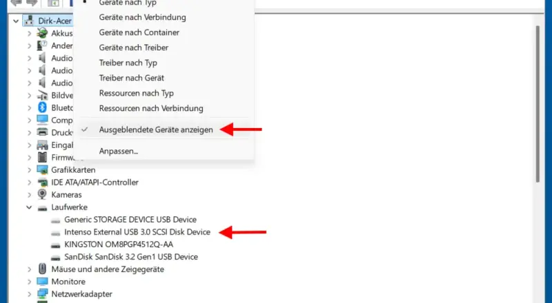Windows Geräte-Manager zeigt ausgeblendete USB-Geräte zum Löschen des Verlaufs