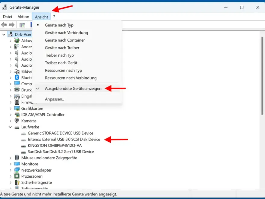 Windows Geräte-Manager zeigt ausgeblendete USB-Geräte zum Löschen des Verlaufs