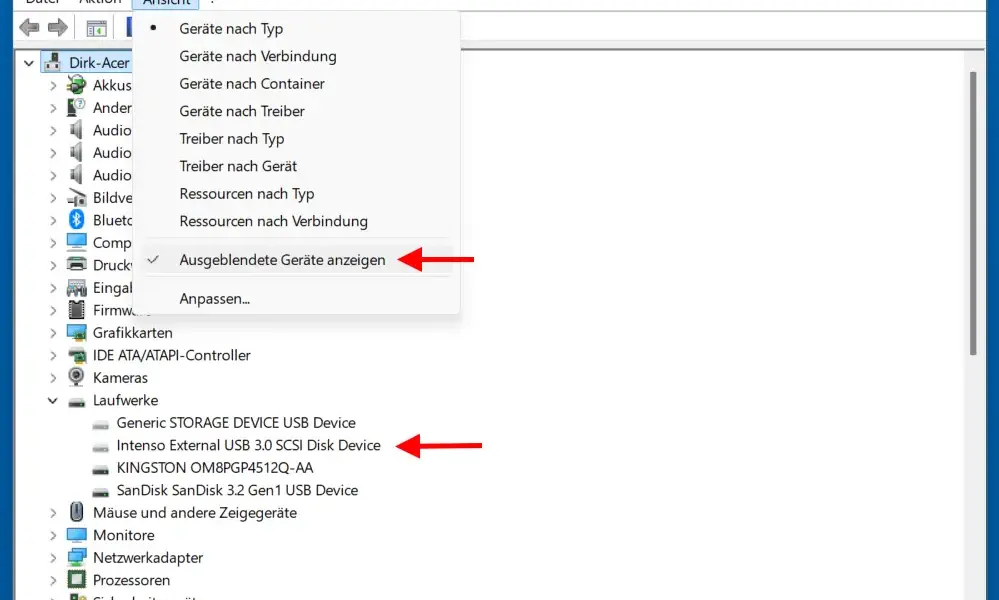 Windows Geräte-Manager zeigt ausgeblendete USB-Geräte zum Löschen des Verlaufs